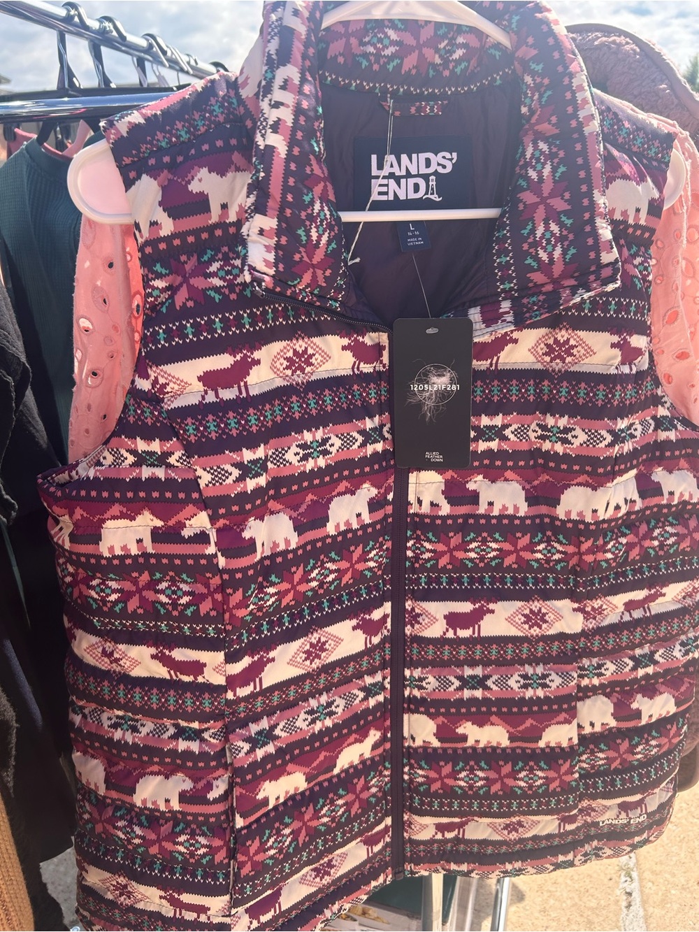 Lands' End Burgundy & Cream Polar-Print Quilted Vest